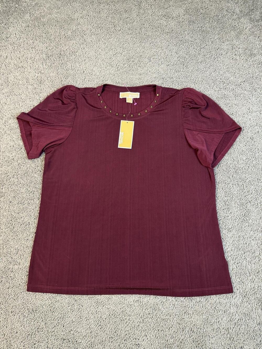 Michael Kors Tunic Womens L Dark Ruby Studded Puff Sleeve Crew Neck Polyester